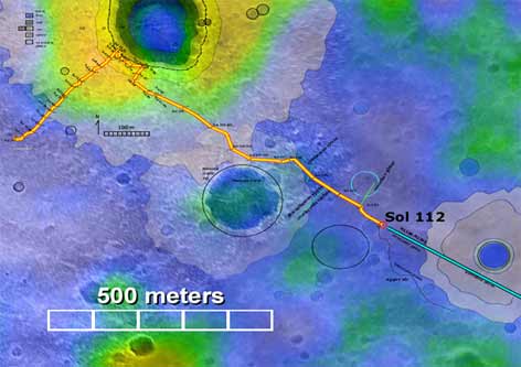 Kartet viser Spirits kjørerute frem til sol 112. �?verst ser vi det store Bonneville-krateret. Den store svarte sirkelen rett under midten av bildet angir Missoula-krateret. Litt lenger til høyre: Lahontan-krateret.