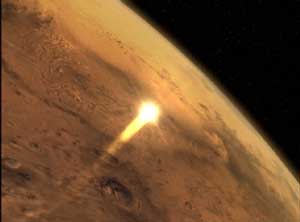 Kapselen med roveren er på vei gjennom øvre del av Mars-atmosfæren.