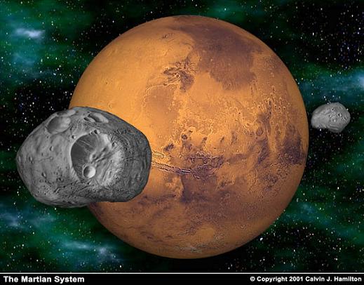 Denne illustrasjonen viser planeten Mars, med månen Phobos i forgrunnen og månen Deimos i bakgrunnen til høyre i bildet. Det er mange ekspedisjoner til Mars for tiden. Kanskje vil vi om noen tiår få til en bemannet ekspedisjon til Mars, der mennesker kan sette sine bein på planeten.
